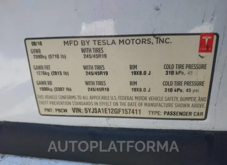 TESLA MODEL S 2016 vin 5YJSA1E12GF157411 from auto auction Iaai