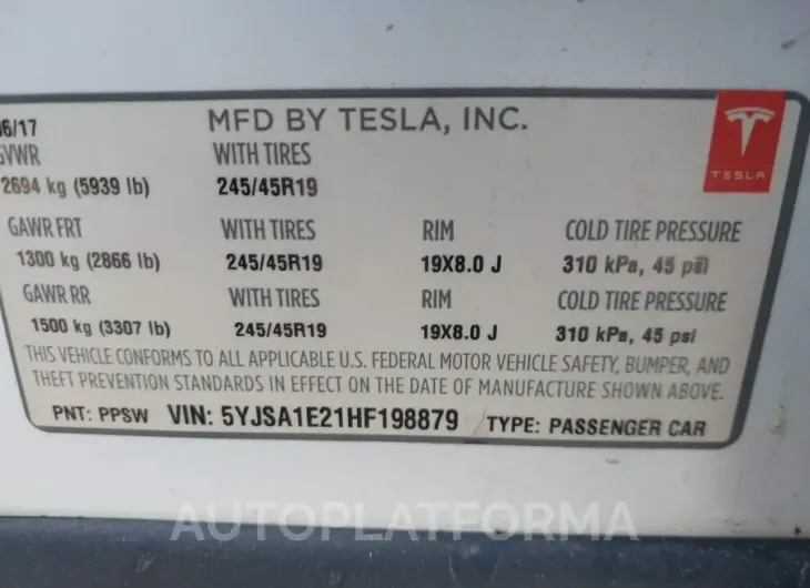 TESLA MODEL S 2017 vin 5YJSA1E21HF198879 from auto auction Iaai