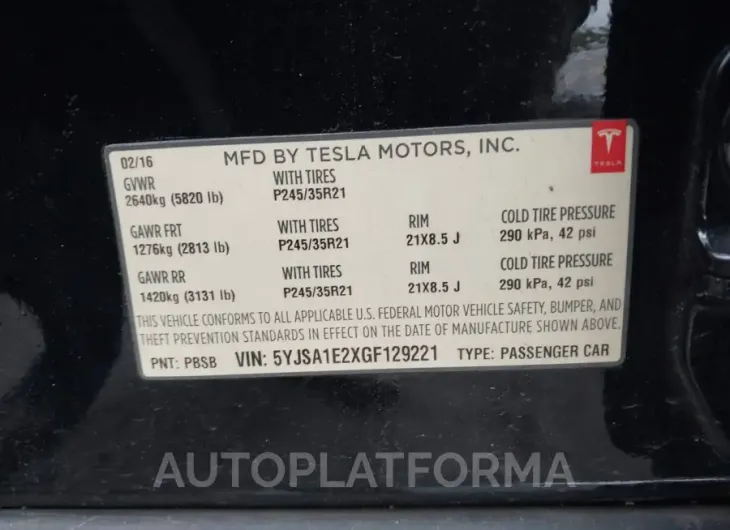 TESLA MODEL S 2016 vin 5YJSA1E2XGF129221 from auto auction Iaai