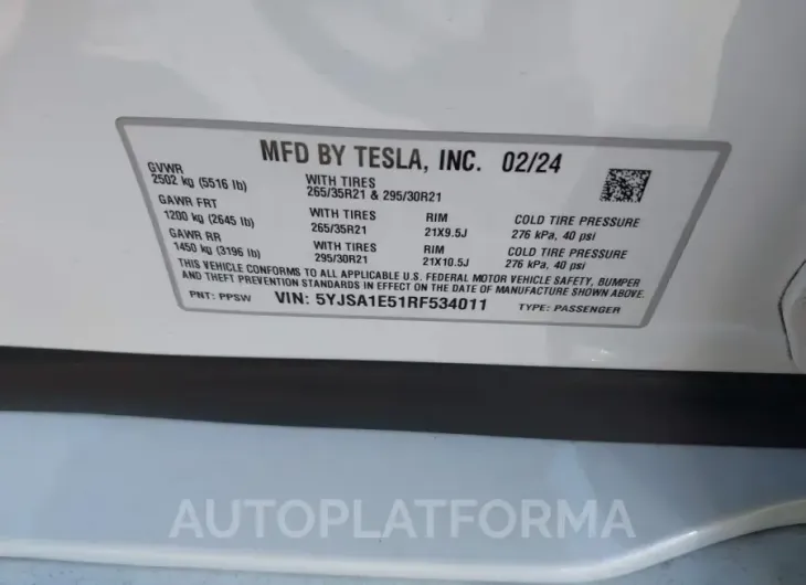 TESLA MODEL S 2024 vin 5YJSA1E51RF534011 from auto auction Iaai