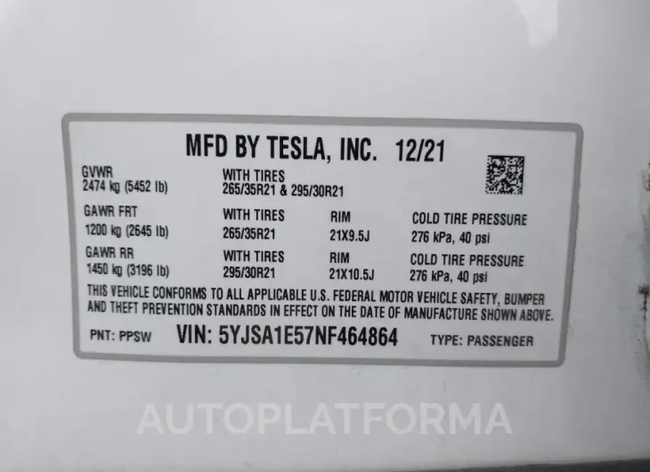 TESLA MODEL S 2022 vin 5YJSA1E57NF464864 from auto auction Iaai