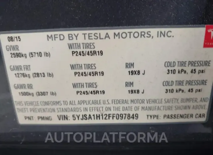 TESLA MODEL S 2015 vin 5YJSA1H12FF097849 from auto auction Iaai