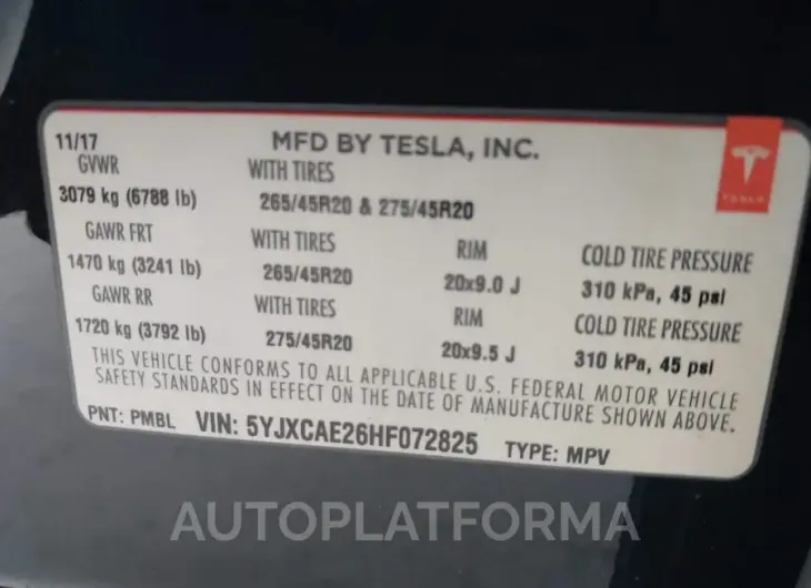 TESLA MODEL X 2017 vin 5YJXCAE26HF072825 from auto auction Iaai