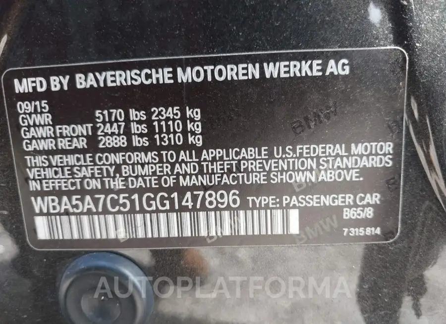 BMW 528I 2016 vin WBA5A7C51GG147896 from auto auction Iaai