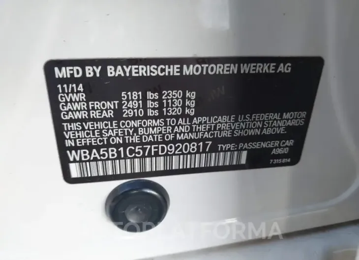 BMW 535I 2015 vin WBA5B1C57FD920817 from auto auction Iaai