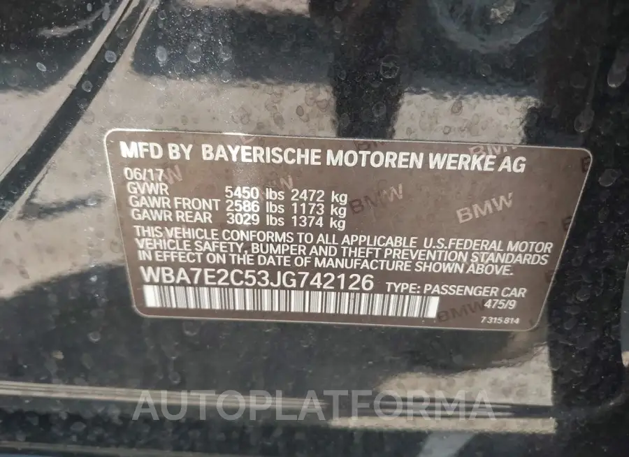 BMW 740I 2018 vin WBA7E2C53JG742126 from auto auction Iaai