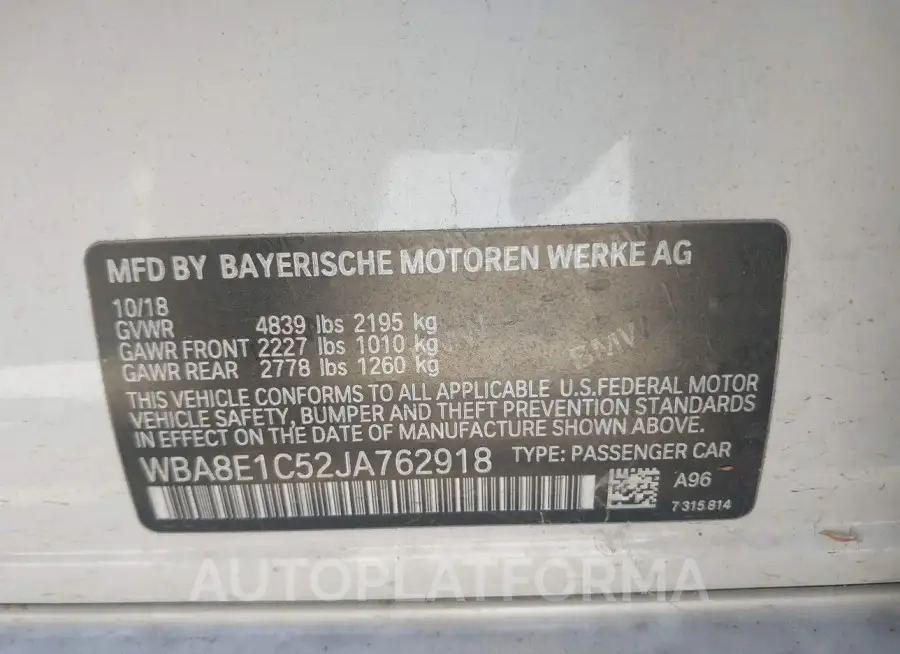 BMW 330E 2018 vin WBA8E1C52JA762918 from auto auction Iaai