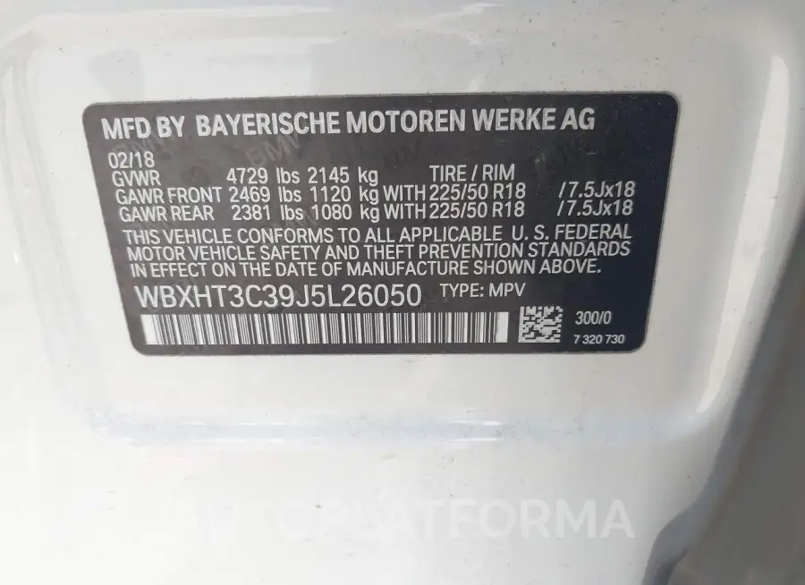 BMW X1 2018 vin WBXHT3C39J5L26050 from auto auction Iaai