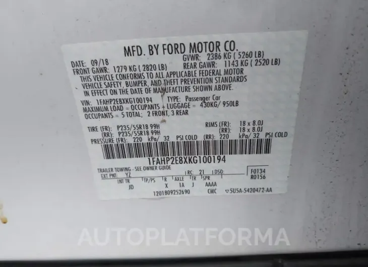 FORD TAURUS 2019 vin 1FAHP2E8XKG100194 from auto auction Iaai