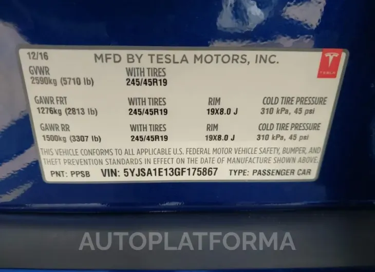 TESLA MODEL S 2016 vin 5YJSA1E13GF175867 from auto auction Iaai