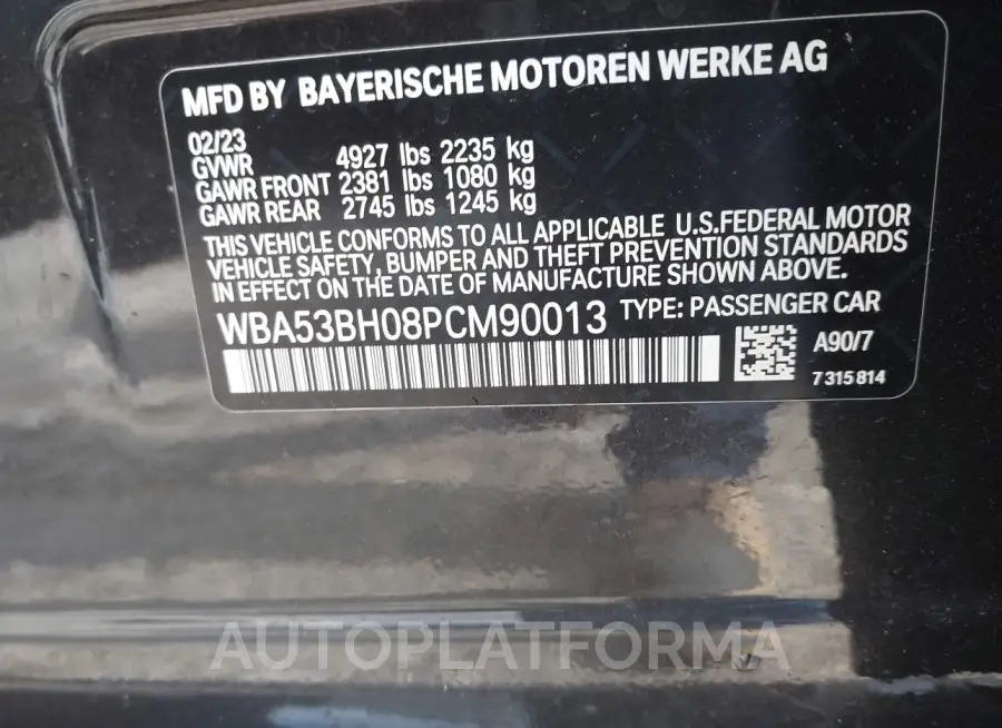 BMW 530 2023 vin WBA53BH08PCM90013 from auto auction Iaai