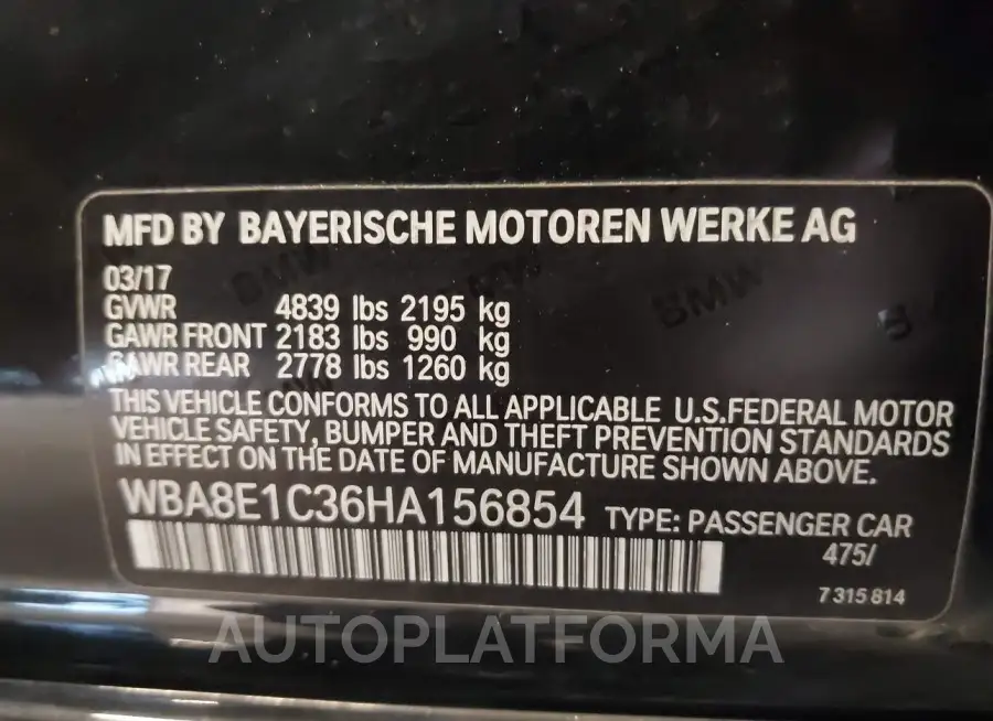 BMW 330E 2017 vin WBA8E1C36HA156854 from auto auction Iaai