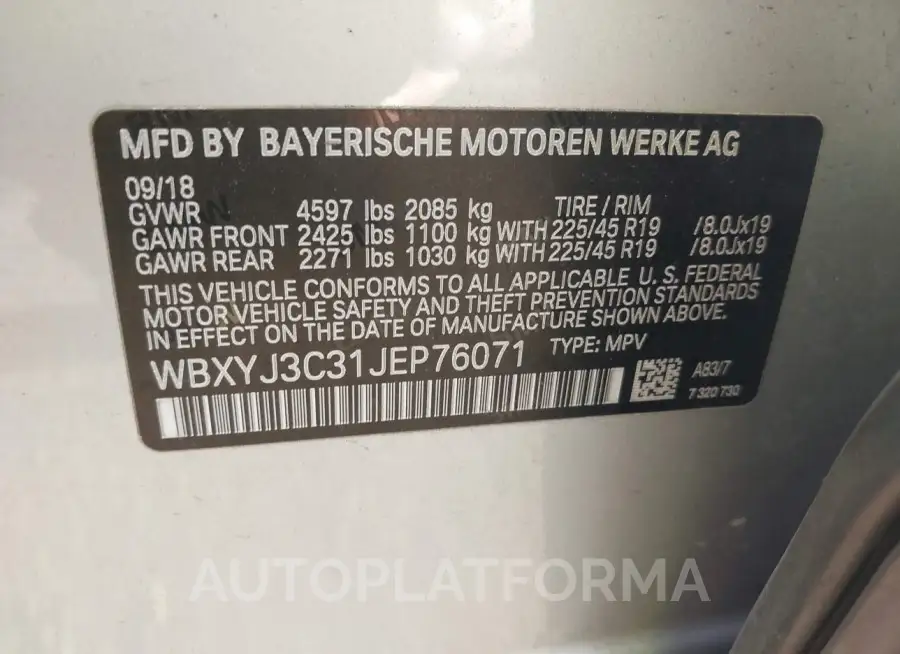 BMW X2 2018 vin WBXYJ3C31JEP76071 from auto auction Iaai