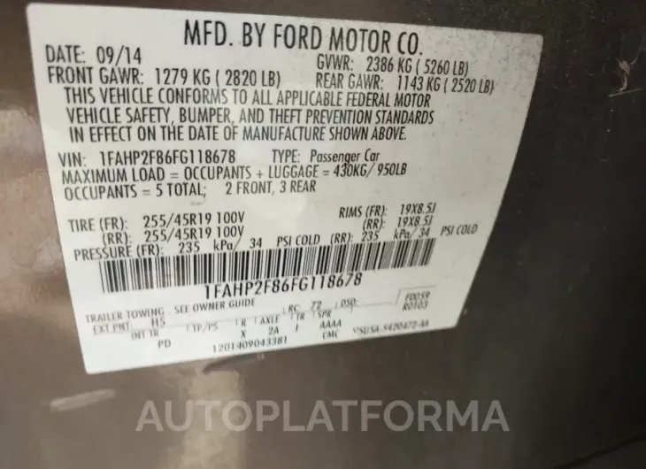 FORD TAURUS 2015 vin 1FAHP2F86FG118678 from auto auction Iaai