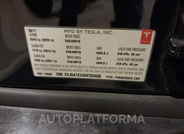 TESLA MODEL S 2017 vin 5YJSA1E24HF204688 from auto auction Iaai