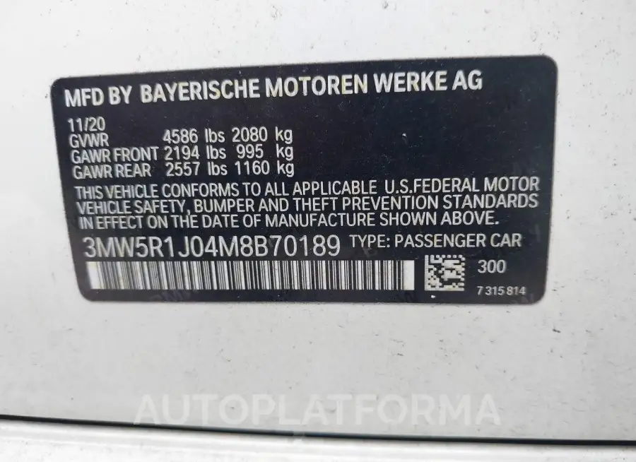 BMW 330I 2021 vin 3MW5R1J04M8B70189 from auto auction Iaai