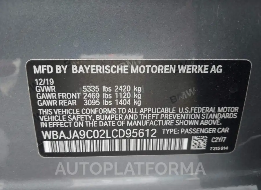 BMW 530E 2020 vin WBAJA9C02LCD95612 from auto auction Iaai