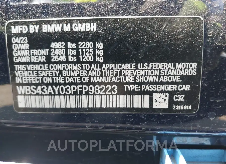 BMW M3 2023 vin WBS43AY03PFP98223 from auto auction Iaai