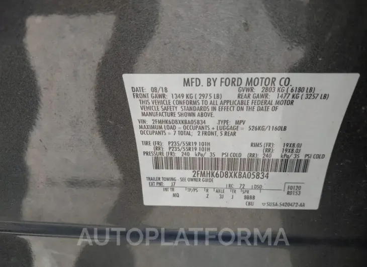 FORD FLEX 2019 vin 2FMHK6D8XKBA05834 from auto auction Iaai