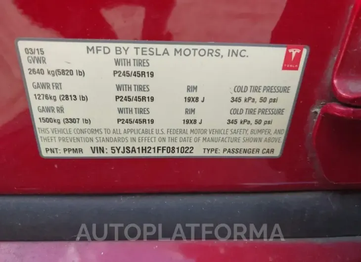 TESLA MODEL S 2015 vin 5YJSA1H21FF081022 from auto auction Iaai