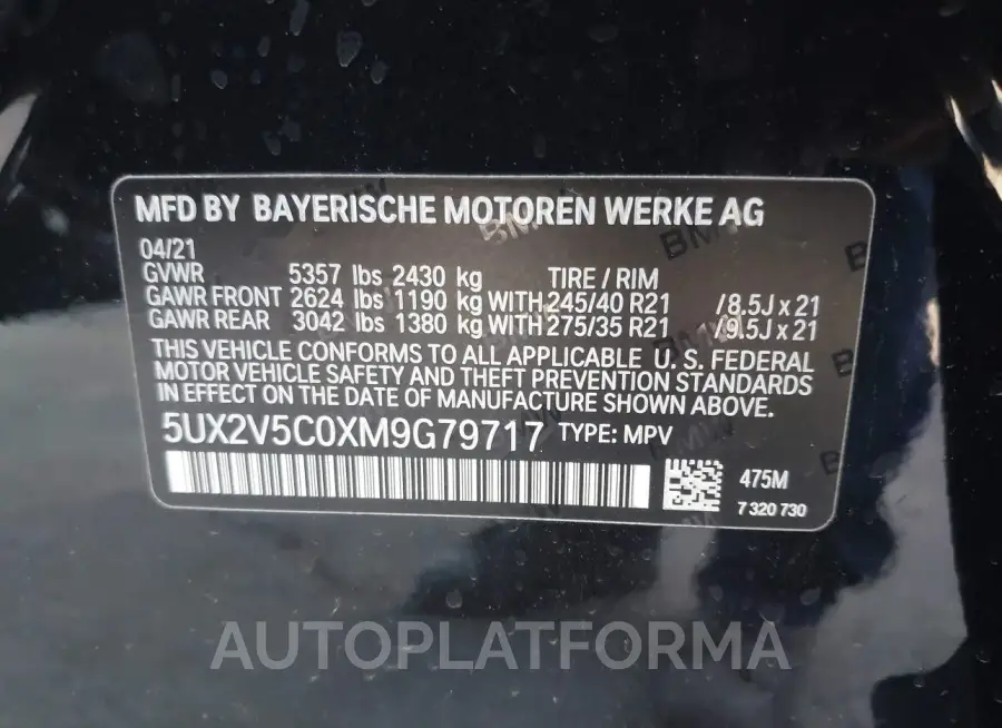 BMW X4 2021 vin 5UX2V5C0XM9G79717 from auto auction Iaai