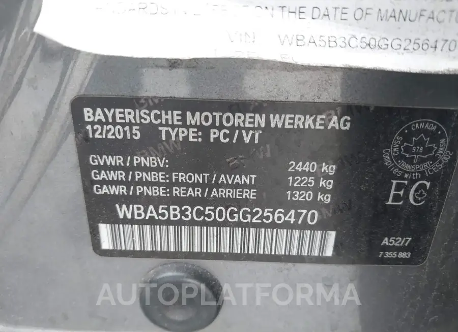 BMW 535I 2016 vin WBA5B3C50GG256470 from auto auction Iaai