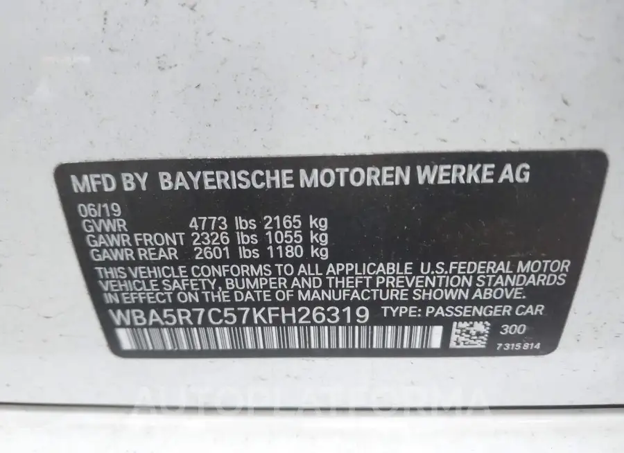 BMW 330I 2019 vin WBA5R7C57KFH26319 from auto auction Iaai