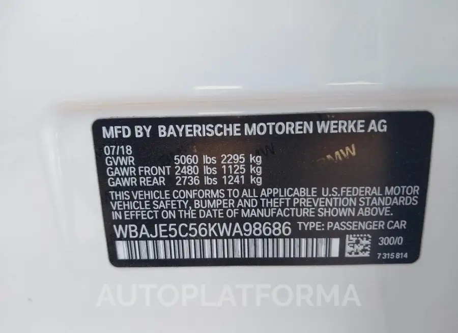 BMW 540I 2019 vin WBAJE5C56KWA98686 from auto auction Iaai