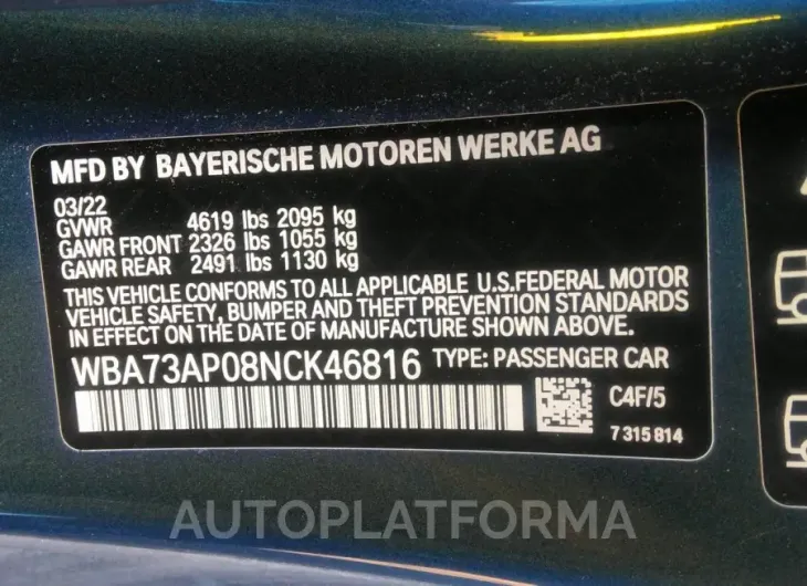 BMW 430XI 2022 vin WBA73AP08NCK46816 from auto auction Iaai