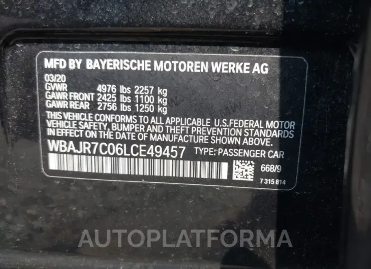 BMW 530I 2020 vin WBAJR7C06LCE49457 from auto auction Iaai