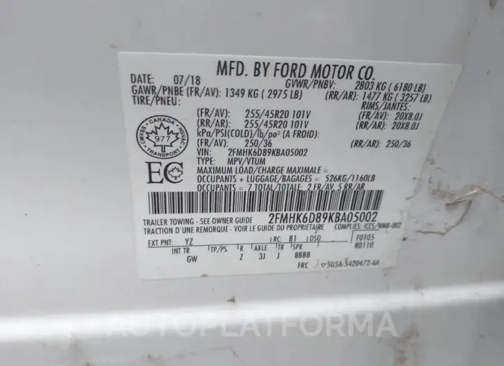 FORD FLEX 2019 vin 2FMHK6D89KBA05002 from auto auction Iaai