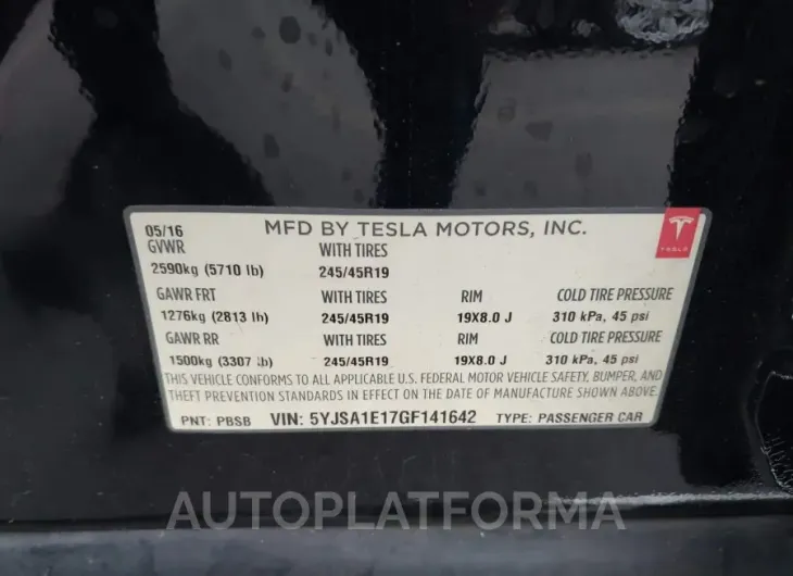 TESLA MODEL S 2016 vin 5YJSA1E17GF141642 from auto auction Iaai