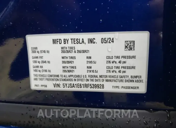 TESLA MODEL S 2024 vin 5YJSA1E61RF539928 from auto auction Iaai