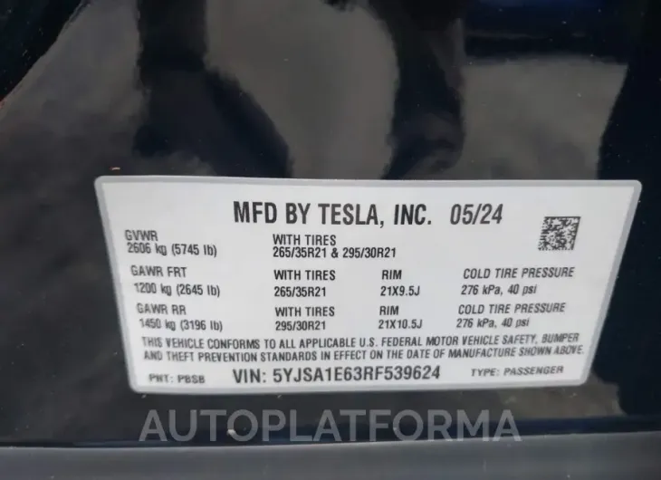 TESLA MODEL S 2024 vin 5YJSA1E63RF539624 from auto auction Iaai