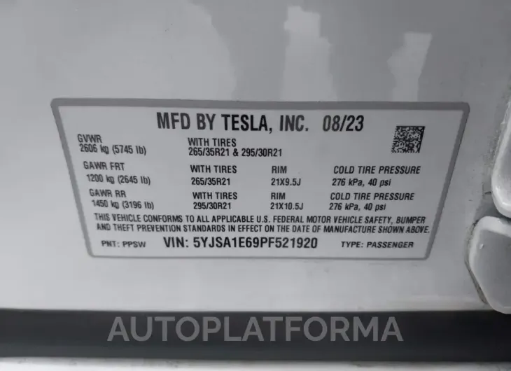 TESLA MODEL S 2023 vin 5YJSA1E69PF521920 from auto auction Iaai