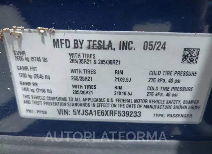 TESLA MODEL S 2024 vin 5YJSA1E6XRF539233 from auto auction Iaai