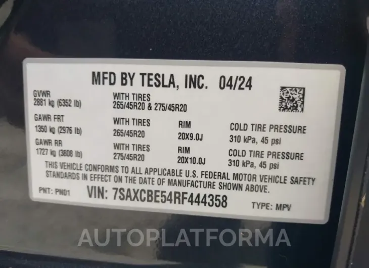 TESLA MODEL X 2024 vin 7SAXCBE54RF444358 from auto auction Iaai