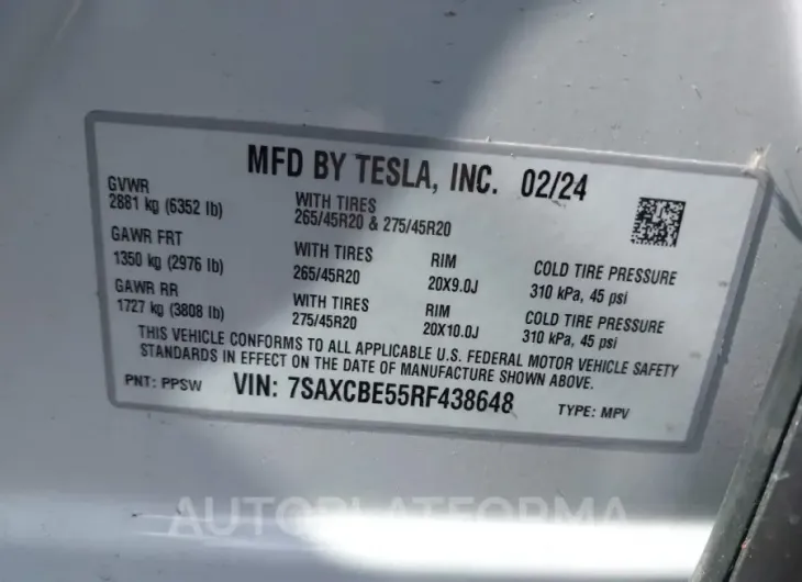 TESLA MODEL X 2024 vin 7SAXCBE55RF438648 from auto auction Iaai