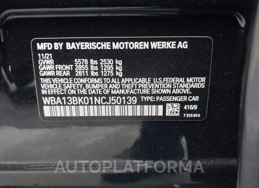 BMW M550 2022 vin WBA13BK01NCJ50139 from auto auction Iaai