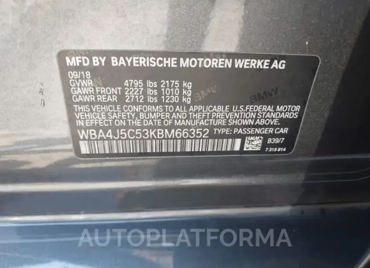 BMW 440I GRAN COUPE 2019 vin WBA4J5C53KBM66352 from auto auction Iaai