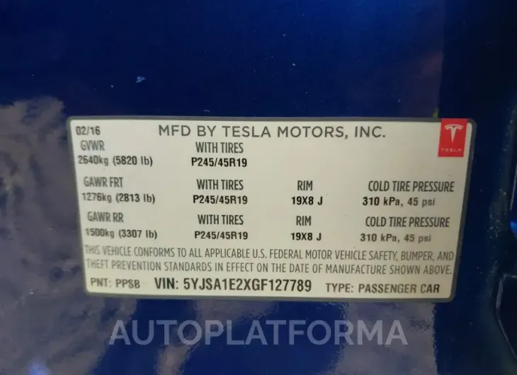 TESLA MODEL S 2016 vin 5YJSA1E2XGF127789 from auto auction Iaai