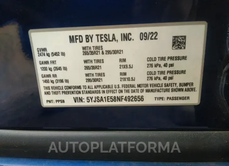 TESLA MODEL S 2022 vin 5YJSA1E58NF492656 from auto auction Iaai