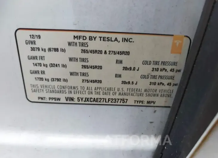 TESLA MODEL X 2020 vin 5YJXCAE27LF237757 from auto auction Iaai