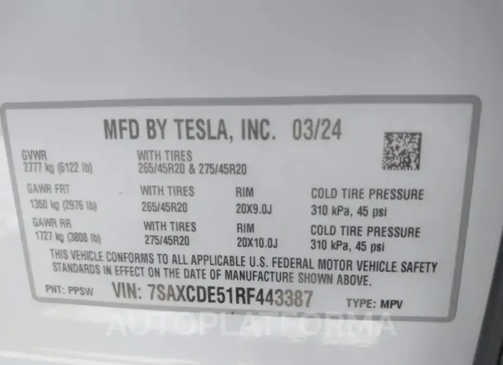 TESLA MODEL X 2024 vin 7SAXCDE51RF443387 from auto auction Iaai