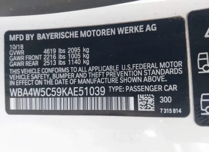 BMW 430I 2019 vin WBA4W5C59KAE51039 from auto auction Iaai