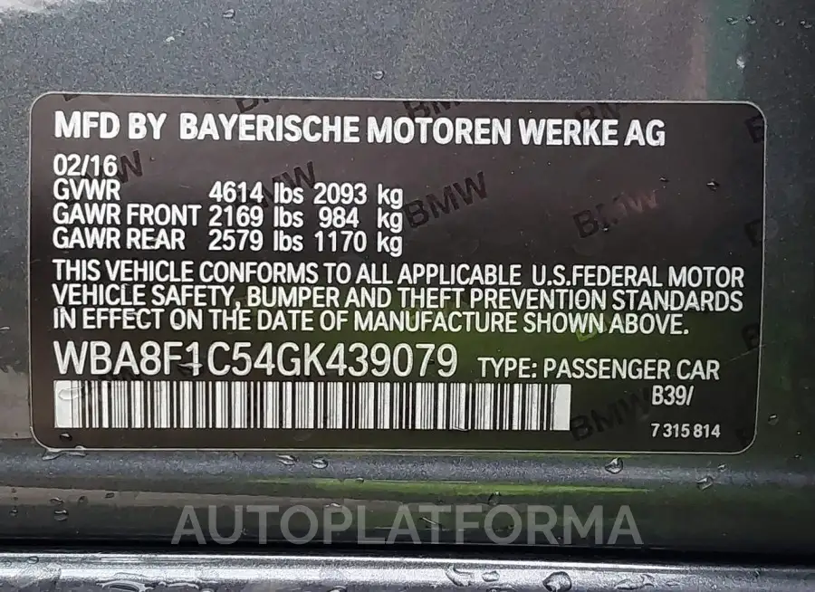 BMW 328D 2016 vin WBA8F1C54GK439079 from auto auction Iaai