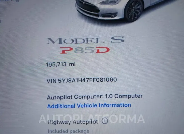 TESLA MODEL S 2015 vin 5YJSA1H47FF081060 from auto auction Iaai