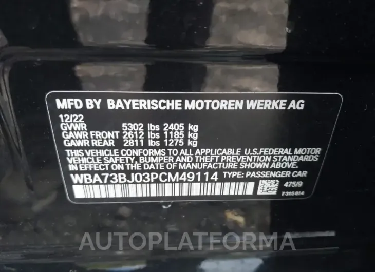 BMW 540 2023 vin WBA73BJ03PCM49114 from auto auction Iaai