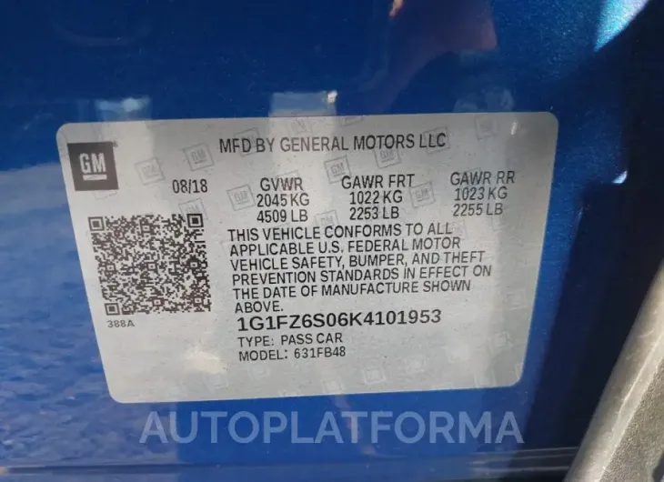 CHEVROLET BOLT EV 2019 vin 1G1FZ6S06K4101953 from auto auction Iaai