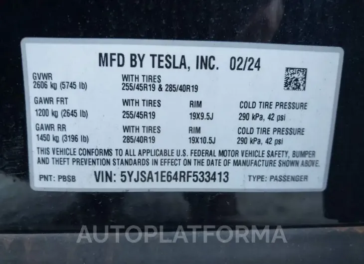 TESLA MODEL S 2024 vin 5YJSA1E64RF533413 from auto auction Iaai